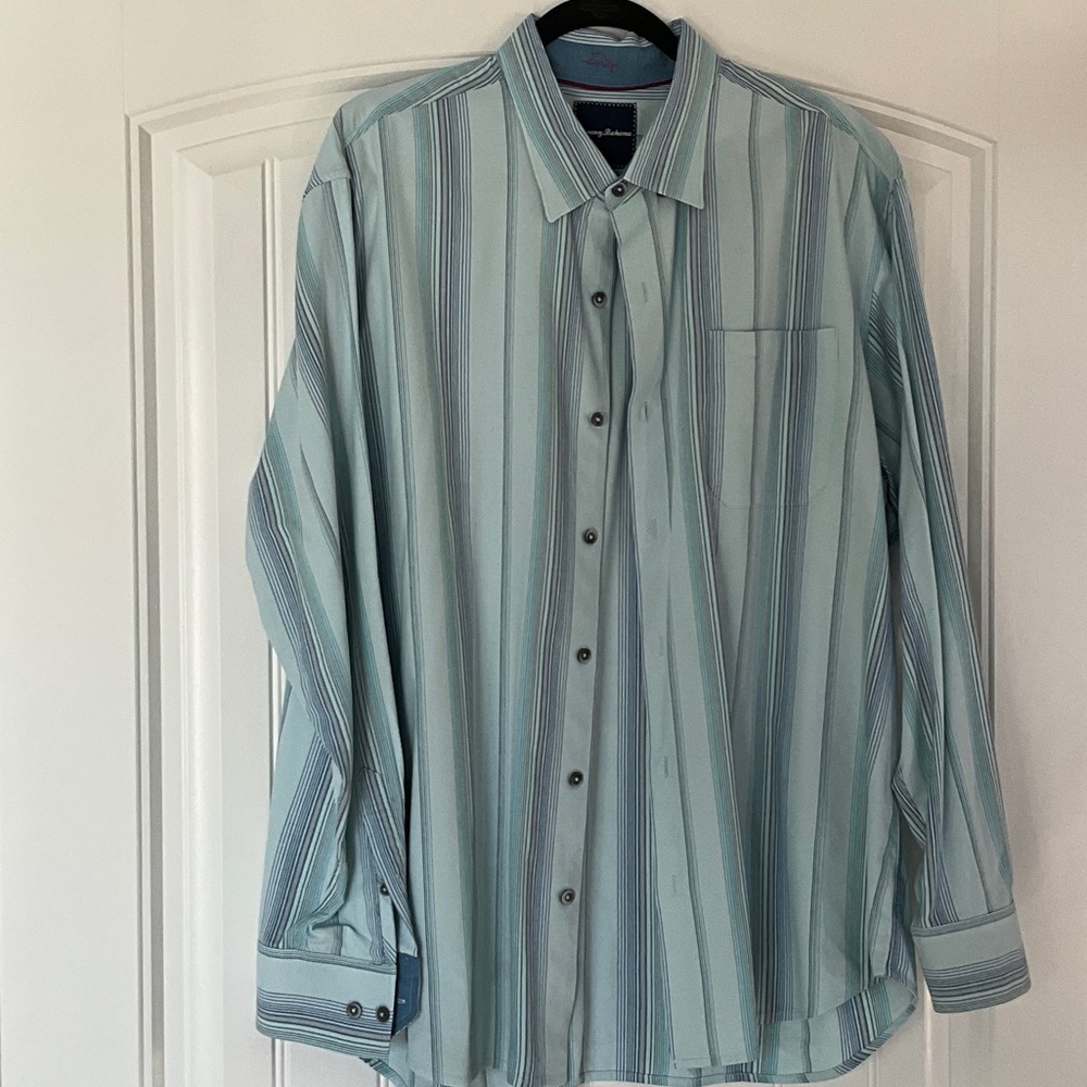 Tommy Bahama Aqua and Navy Striped Shirt